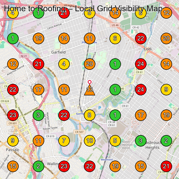 Home to Roofing Roofing Contractor GeoGrid ranking map for Garfield NJ